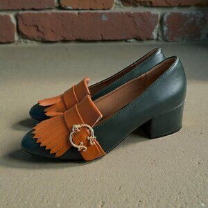 C WONDER Colorblock Green Tan Loafers Heels Size 7.5